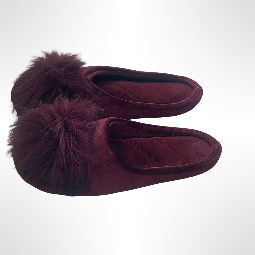 Elegant Burgundy Fur Pom-Pom Women's Slippers size 7.5 - Picture 2 of 5